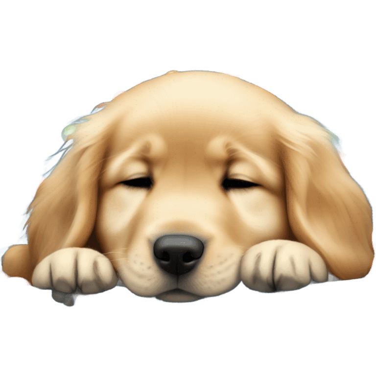 A sleeping golden retriever puppy in a fuzzy blue dog bed with balls surrounding it  emoji