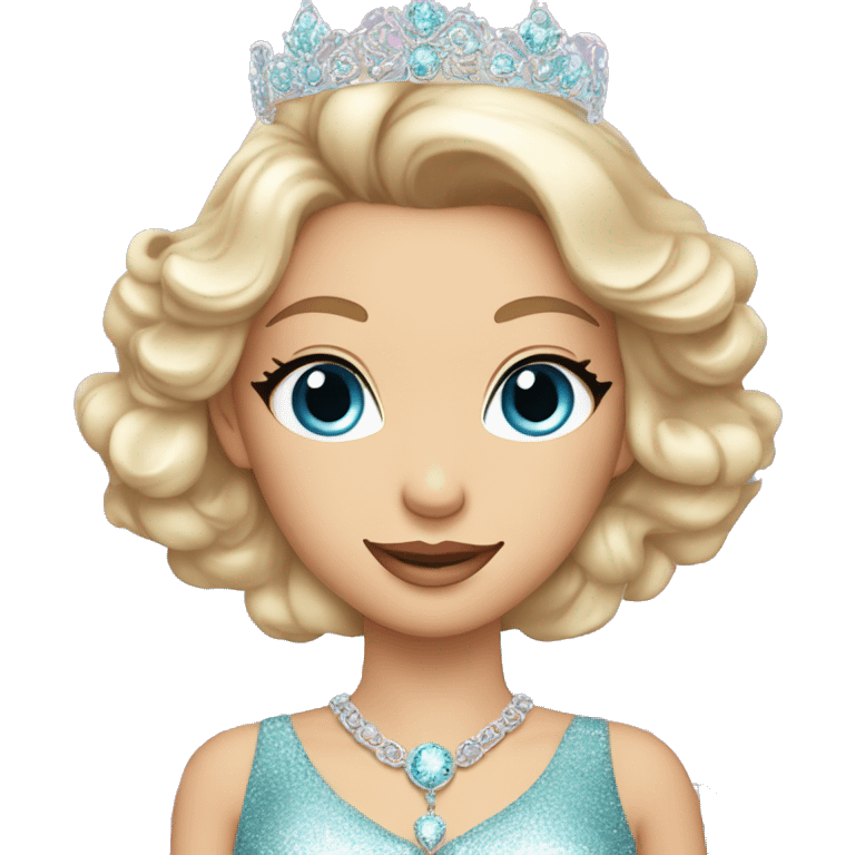 Gorgeous pastel Lady with blue eyes in a sparkly shiny dress with tiara and necklace and flowers behind her and trending  emoji