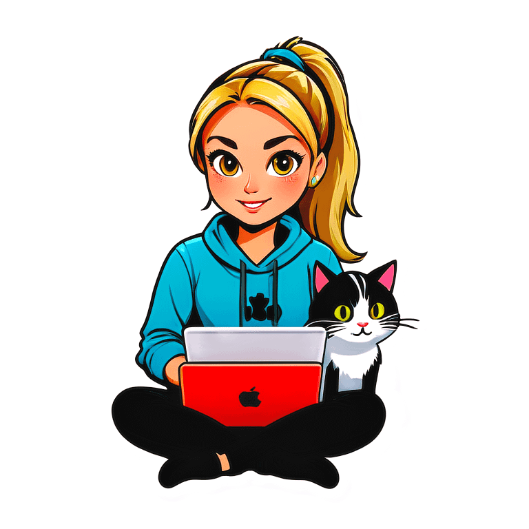 Blonde girl ponytail macBook and a cat emoji