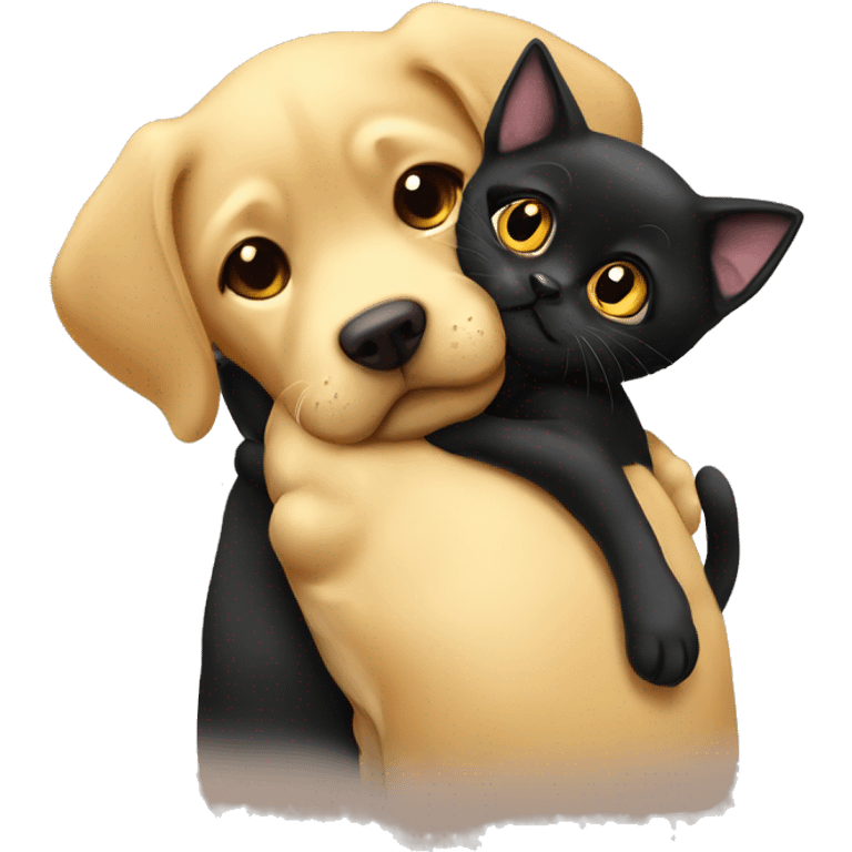 Small black kitten cuddling with big dark yellow Labrador dog emoji