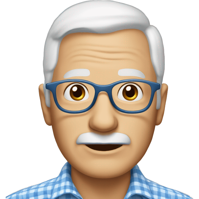 80-year-old grandfather with white skin color, blue eyes and glasses to see, wearing a white and blue checkered shirt. With white hair on the sides of his head. No hair in the middle of the head. emoji