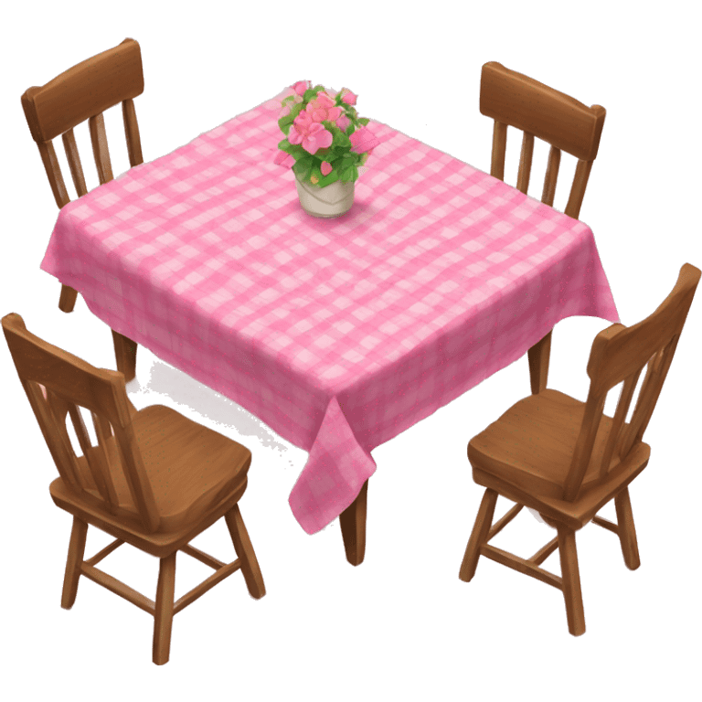 Wood table and chairs with a pink table cloth emoji