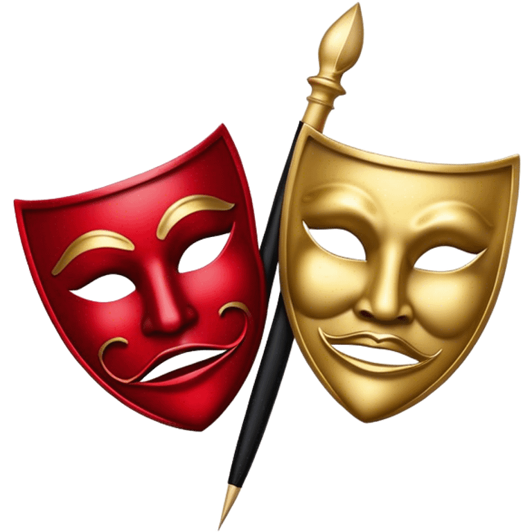 Create a bold and dramatic emoji representing the art of playwriting. The design should feature an open script or a theater playbook, with stylized text lines or dramatic dialogue inside. Include elements like a theatrical comedy and tragedy masks, a stage spotlight, or a writting quill to symbolize creativity and performance. Use deep, contrasting colors like red, black, and gold to evoke the intensity and passion of drama. The overall design should feel dramatic, inspiring, and artistic. Make the background transparent. emoji