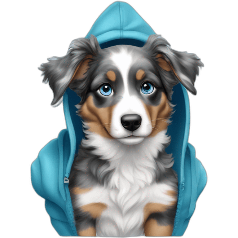 a 5 month old miniature American shepherd puppy, blue merle in color, with blue eyes, wearing a blue hooded sweatshirt and riding a wave emoji