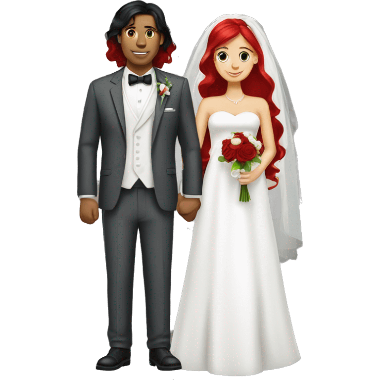 cartoon bride black hair and groom red hair emoji