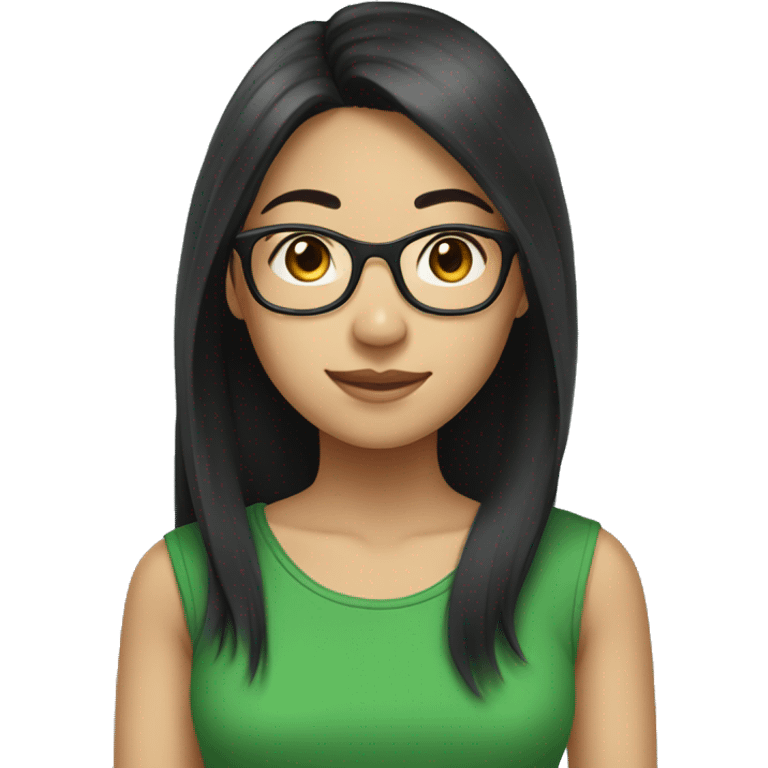 Asian girl with long black hair and glasses wearing green t-shirts emoji