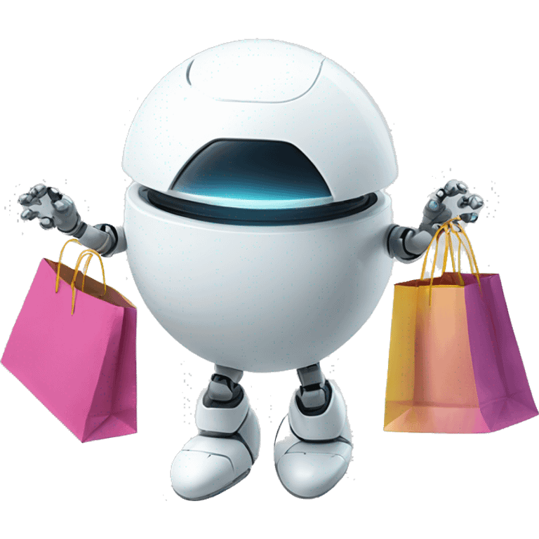 cute white floating spherical happy robot with floating shopping bags emoji