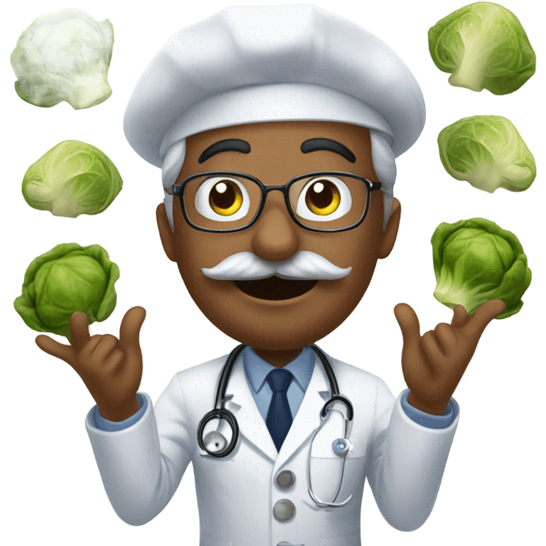 Navy doctor with moustache being goofy with Brussels sprouts  emoji