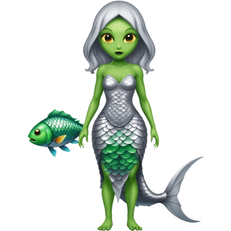 Green Alien woman with fish scales in silver dress, full figure, yellow eyes emoji