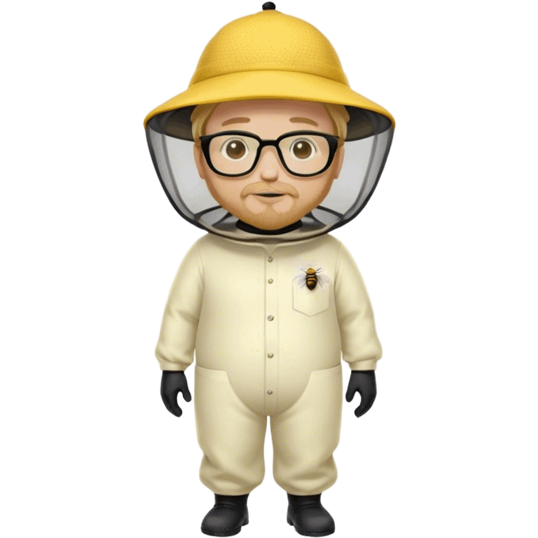 full body medium plus size male bee keeper in yellow and black with short light strawberry blonde hair and goatee wearing glasses with bee keeper hat emoji