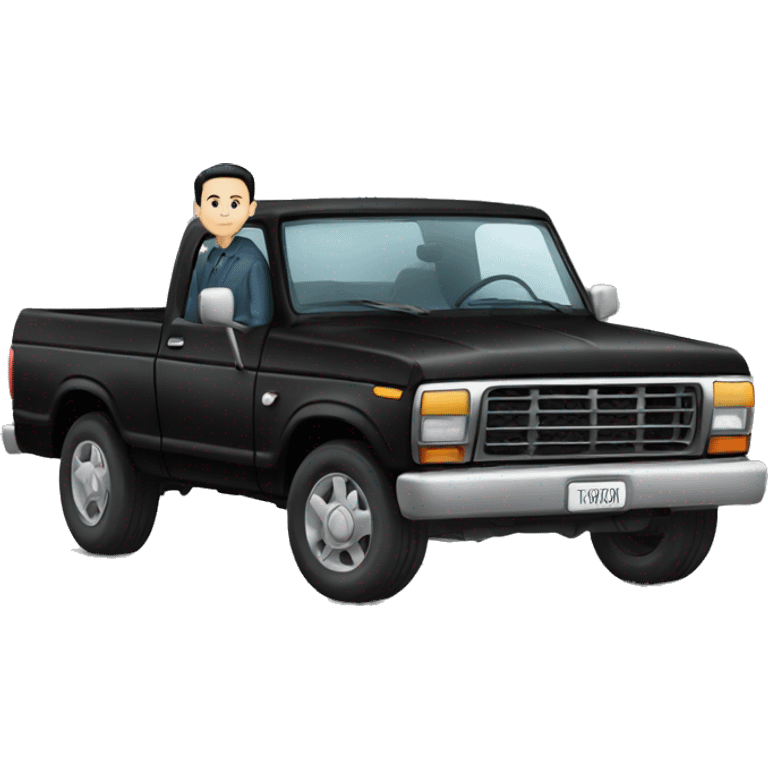 A man with pale skin and black hair, sitting on top of a black Ford car emoji