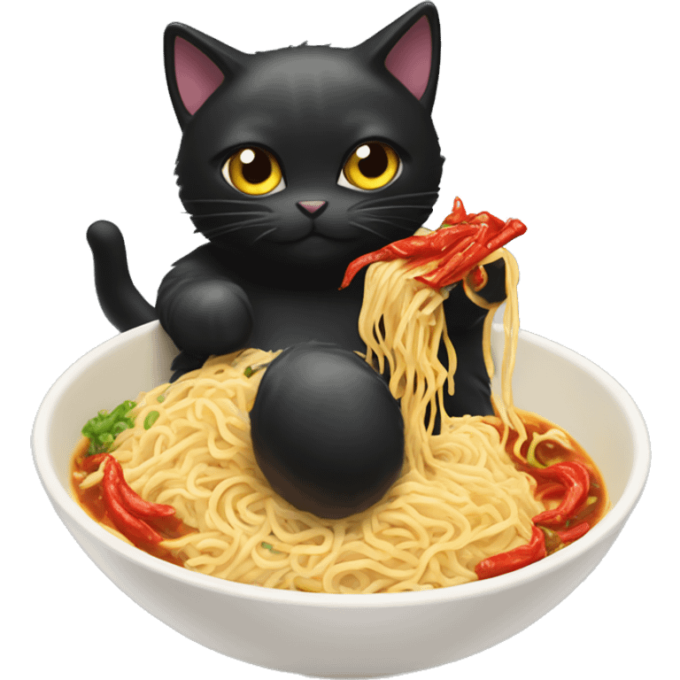 Fluffy black cat eating spicy buldak noodles  emoji