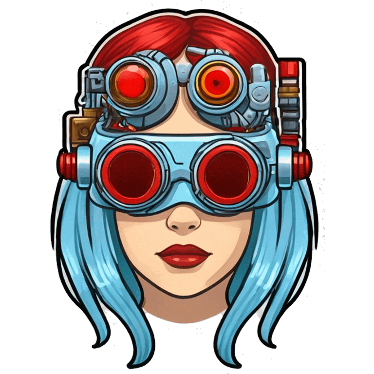 Light blue long hair female cyborg head with red steampunk goggles and circuits emoji