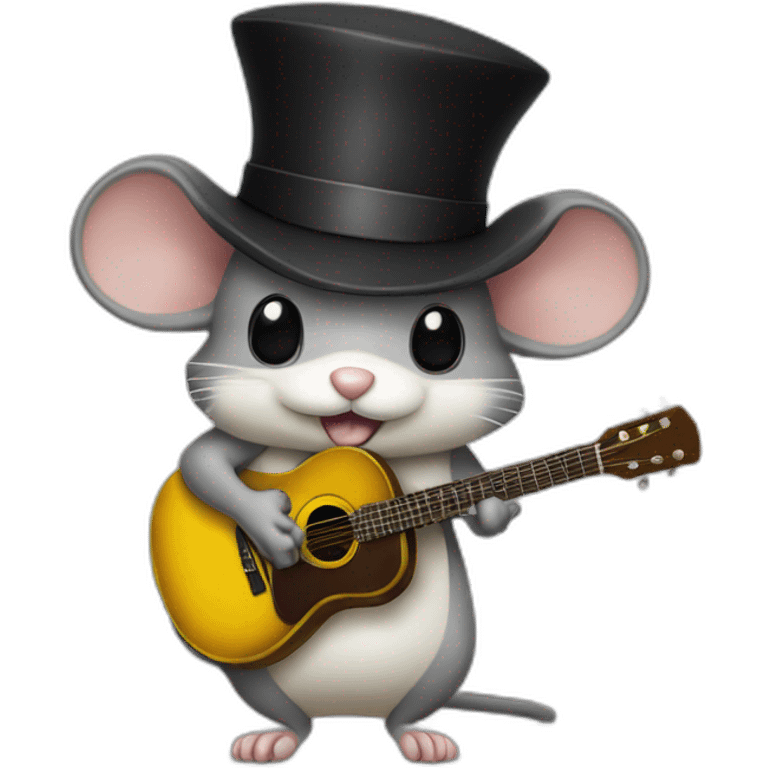 old grey jerry mouse with white moustache, big black hat, and yellow guitar emoji