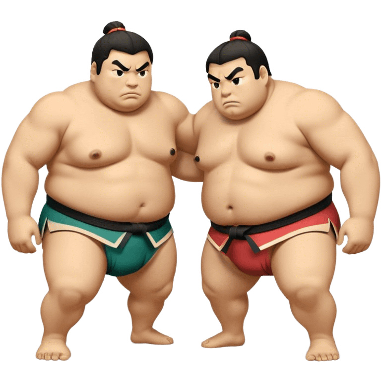 Cinematic Realistic Sumo Wrestling Emoji, depicted as an intense sumo match featuring powerful wrestlers in traditional mawashi, rendered with rich textures and dynamic dramatic lighting that captures the raw intensity of the sport. emoji