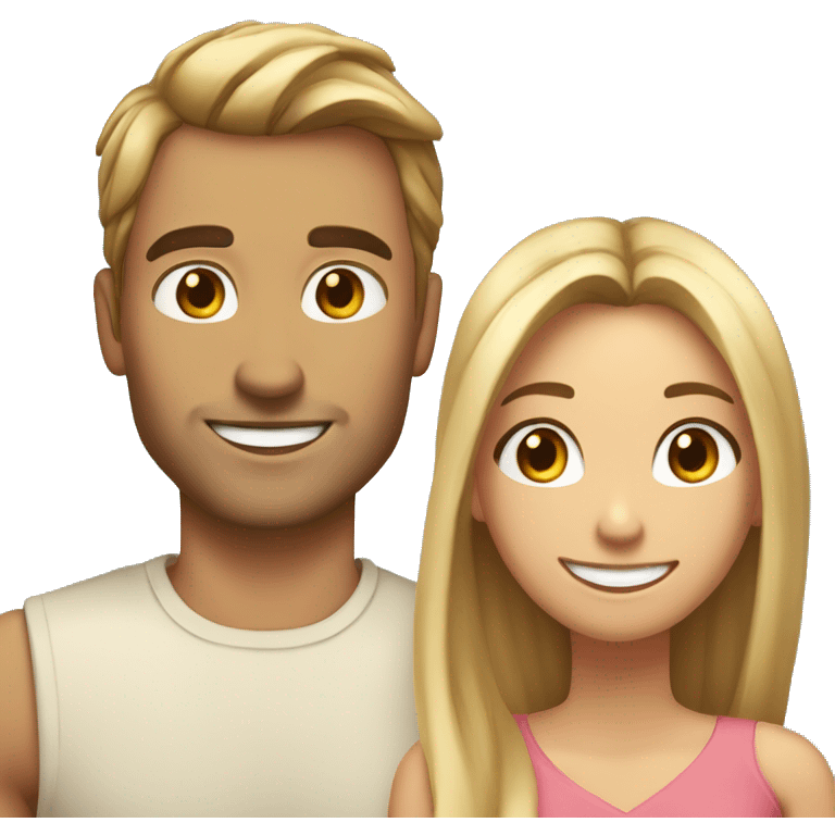 Woman and man smiling, woman has straight Brown hair in a ponytail, slightly sunkissed skin, man has blonde long hair which are in a ponytail, slightly sunkissed skin emoji