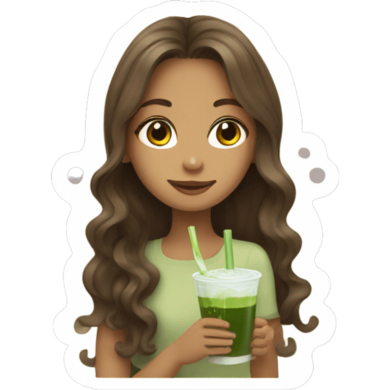 A brown wavy haired girl who’s drink matcha with long hair  emoji