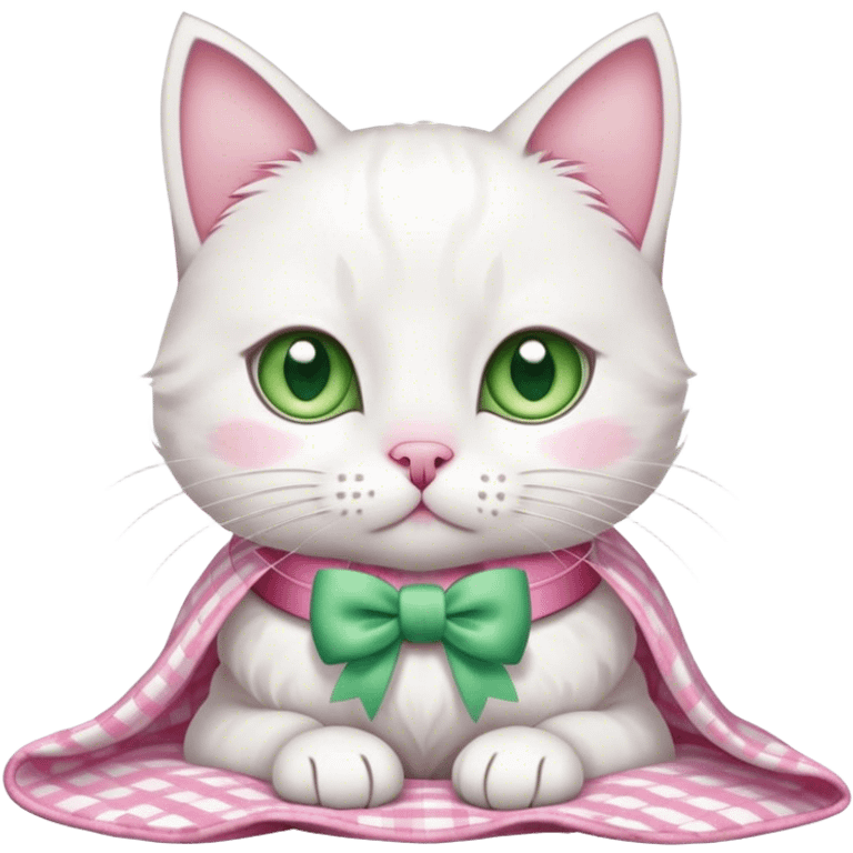white cat with a bow on its collar under a pink gingham blanket  emoji