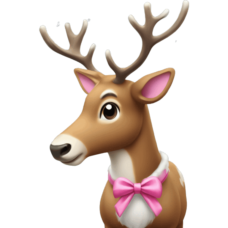 reindeer standing in snow with a pink bow on its ear emoji