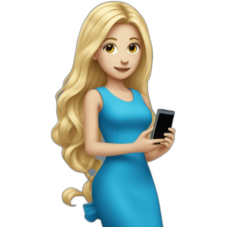 a girl in a blue dress long blond hair holding a cell phone out  emoji