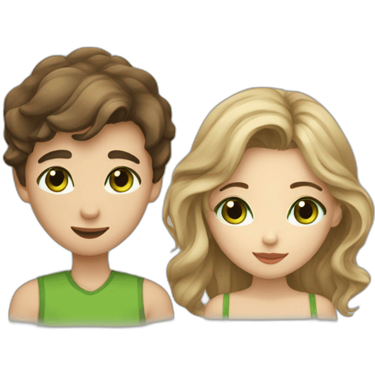 kissing girl with light hair and green eyes and boy with brown hair and dark eyes emoji