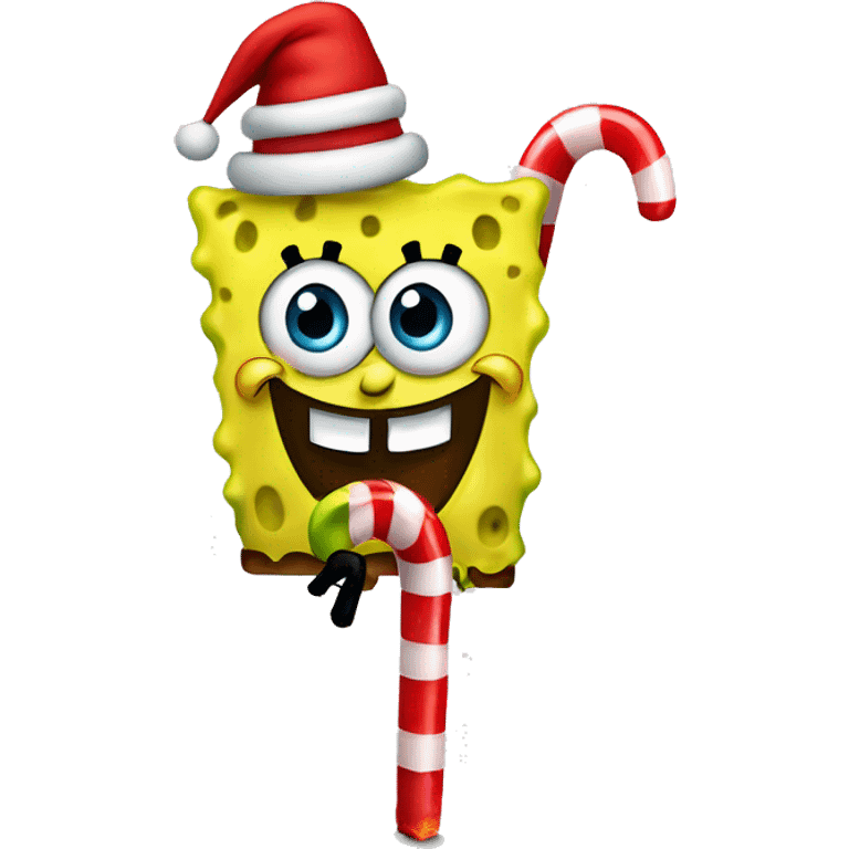 SpongeBob SquarePants with Christmas hat and candy cane  emoji