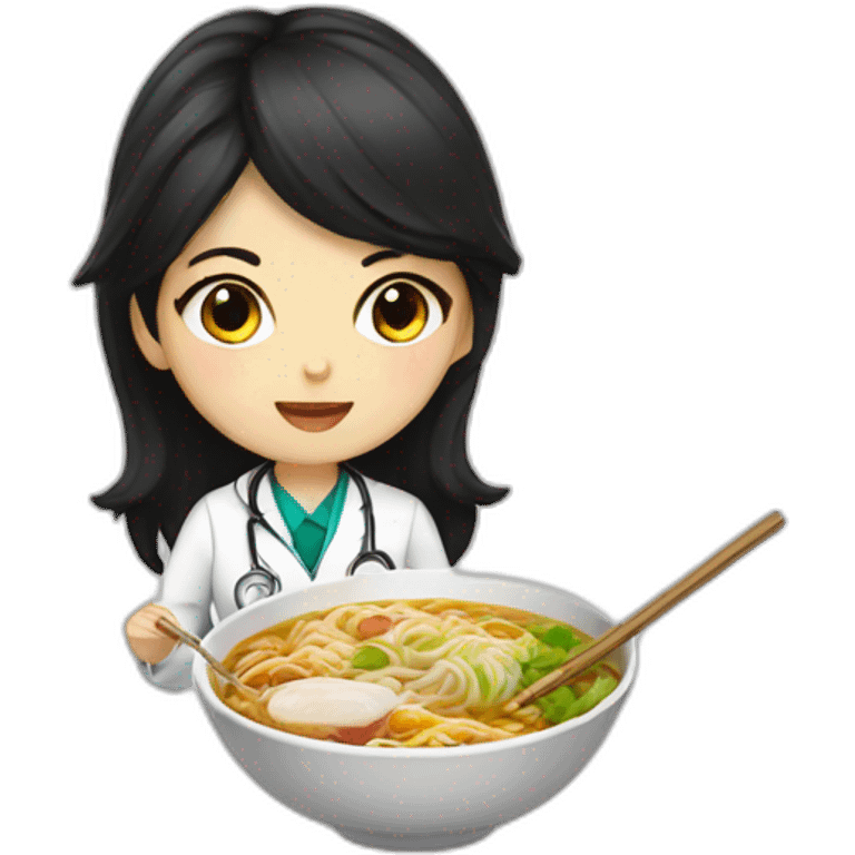 doctor girl with dark hair eating ramen bowl emoji