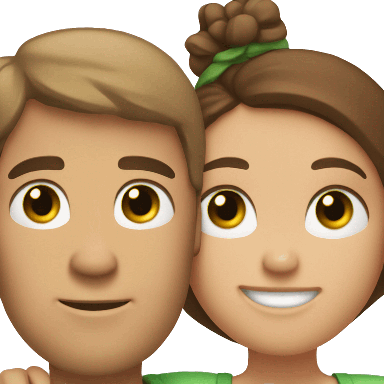 slightly tanned white guy with brown hair, green eyes and freckles hugging a tanned girl with brown hair and brown eyes emoji