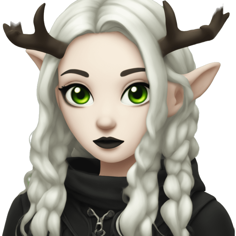 Gothic girl, pale skin, green eyes, dark dread, eyeliner, deer ears and antlers  emoji