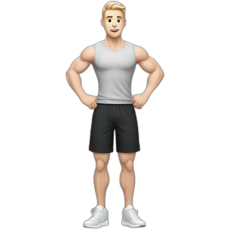 amazed Pale skinned Fit Man With the biceps and dark brown hair in black shirt, gray sports shorts and white Sneakers emoji