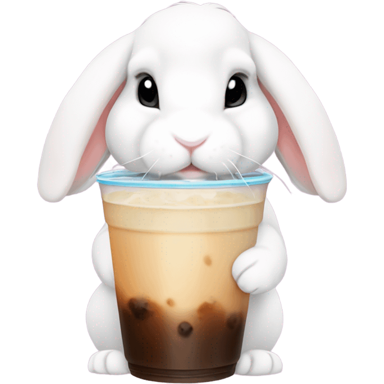 White mini lop rabbit drinking boba tea emoji