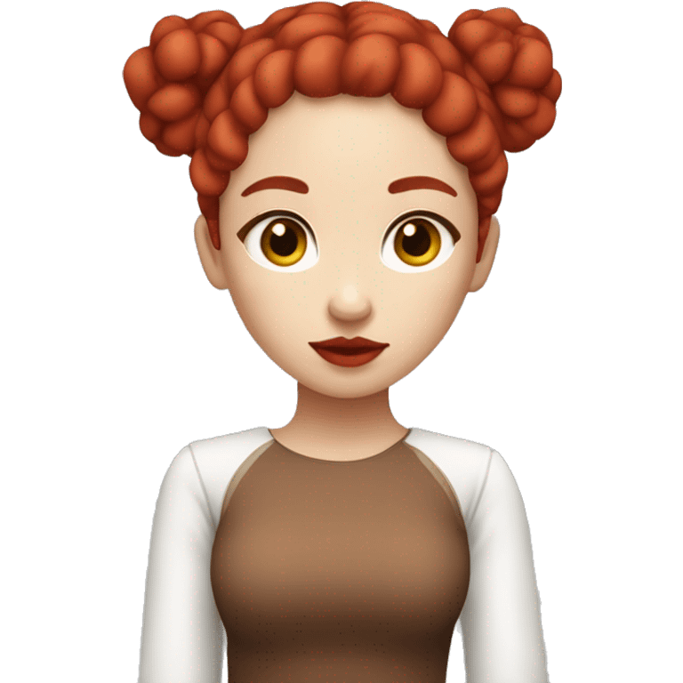 Create an Emoji Chinese Girl, slightly curly and long red hair and 2 buns on top of her head, red lipstick, white skin, brown eyes, red mesh shirt emoji