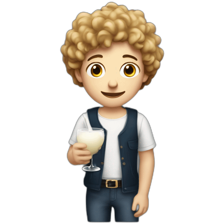 A pasty white teenage boy with black curly holding a wineglass of milk emoji