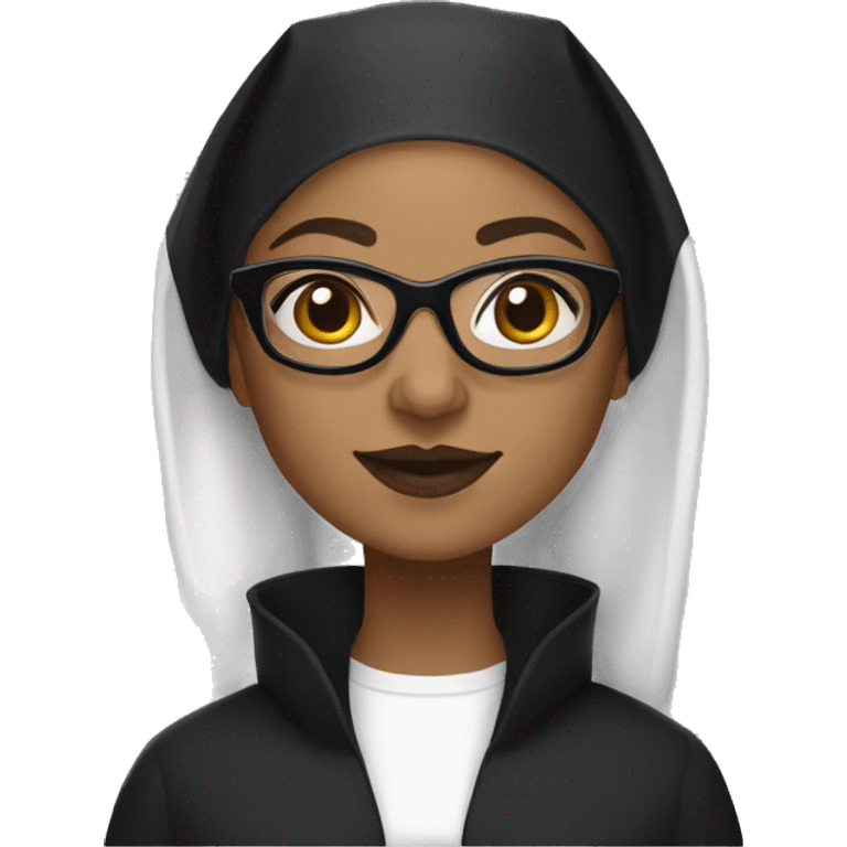 Female nun with medium skin tone and curly hair wearing spike Lee glasses and traditional black nun clothing  emoji