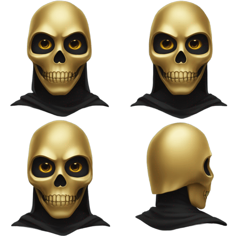 Hunter in black cape and a perfect gold skull jaw mask from death Stranding, full body front and back emoji