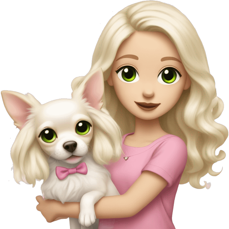 pale blond girl with wavy long platinum hair with green eyes holding a white chihuahua puppy that wearing a pink bow emoji