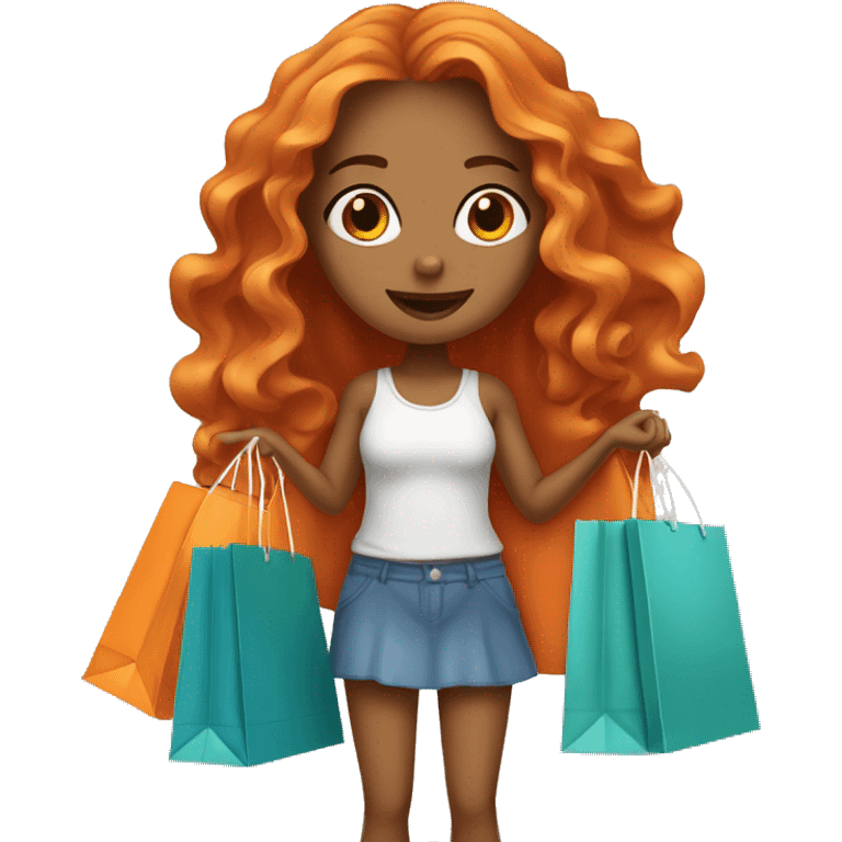 Tan girl with long wavy orange hair holding shopping bags emoji