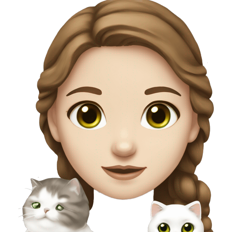 Girl brown hair and eyes European with white Scottish fold cat with green eyes   emoji