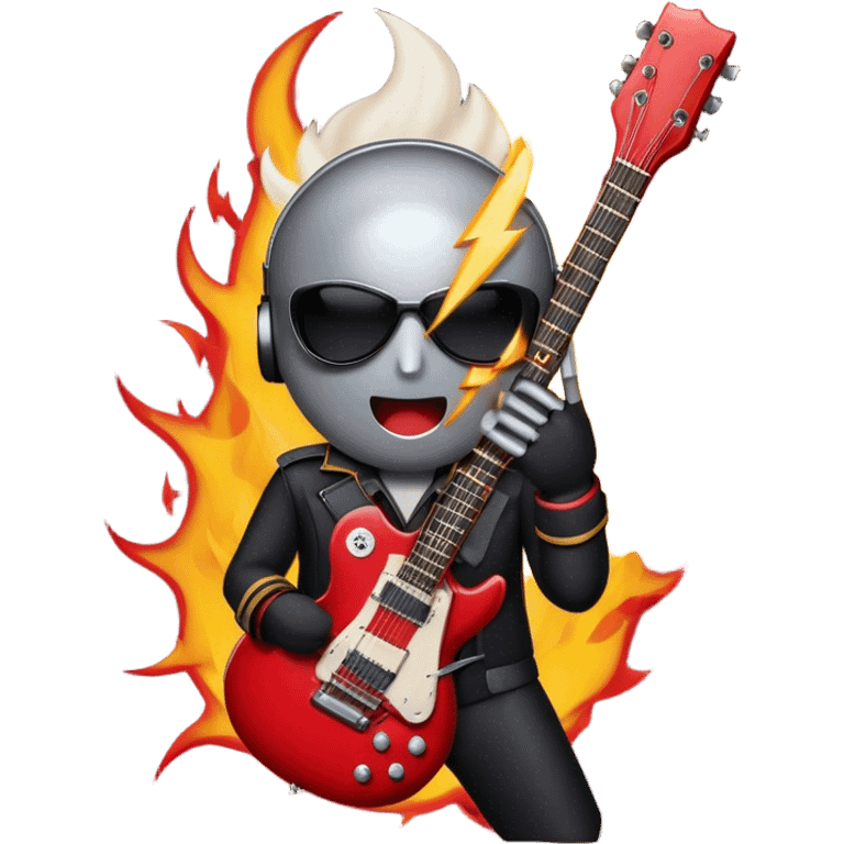 Create a bold and dynamic emoji representing rock vocal performance in a humanless collage. The design should feature a vintage microphone at the center, surrounded by key rock elements like an electric guitar, drumsticks, and a guitar pick. Include symbols of energy, such as lightning bolts or flames, and subtle musical notes or sound waves to evoke the raw power of rock vocals. Use dark, bold colors like black, silver, and red, with hints of chrome or metallic accents to convey the edgy, rebellious spirit of rock music. The background should be transparent. emoji