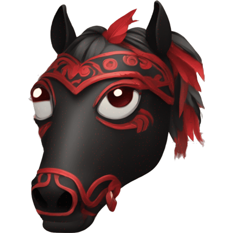 Black mask of a horse with red vertical turned eyes in a tribal style emoji