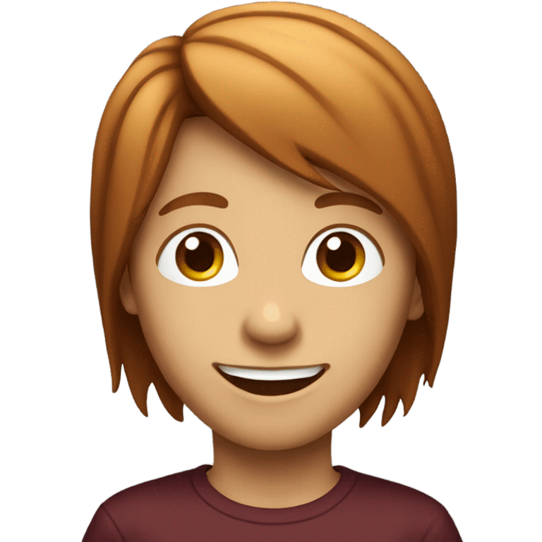 A boy with burgundy hair. His hair is little long and straight. He doesn't wear glasses and is smiling.
 emoji