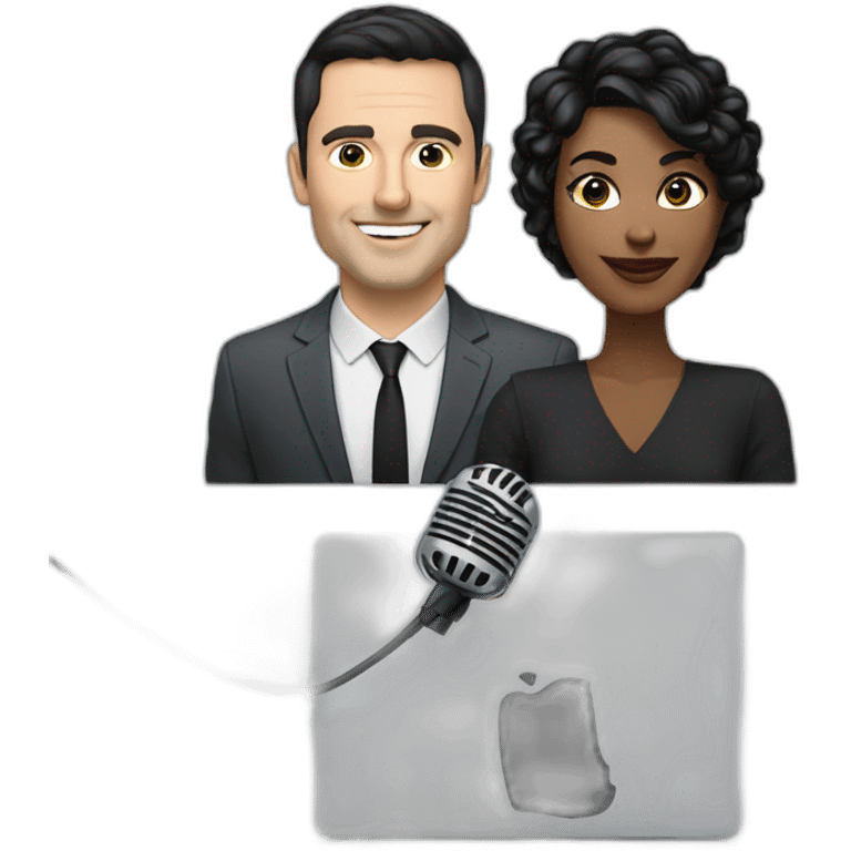 White man with dark hair next to a woman with short white hair, podcasting with mics and a MacBook emoji