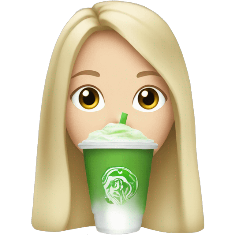 White girl with blonde long hair drinking iced matcha latte with green eyes emoji