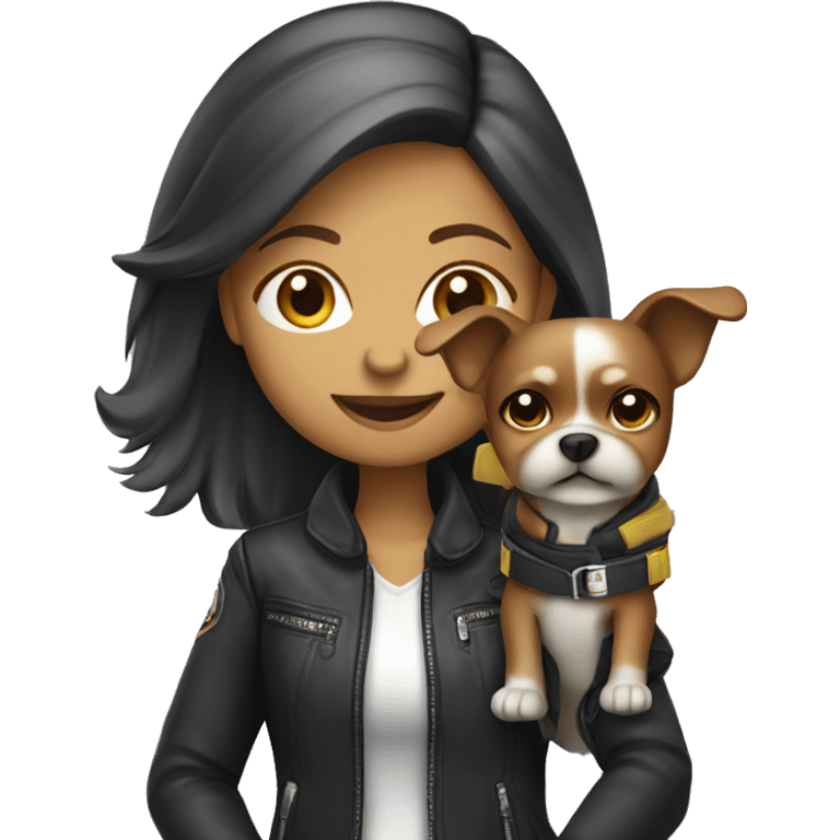 working with laptop female small dog wearing moto jacket emoji