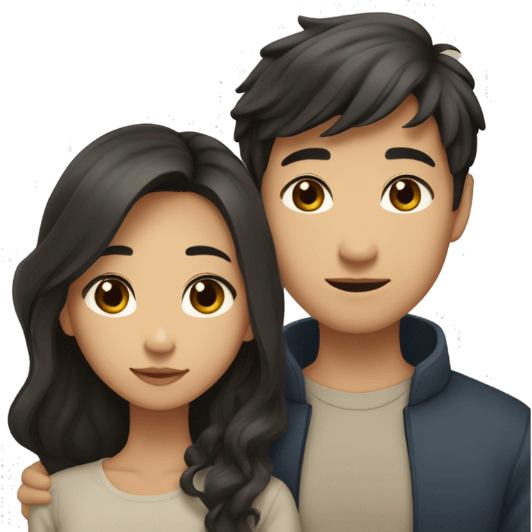 A half pale Asian man with short dark hair and amber eyes embracing and loving a half Asian woman with long wavy dark hair and dark hazel eyes. They love each other a lot And have good fashion taste. emoji