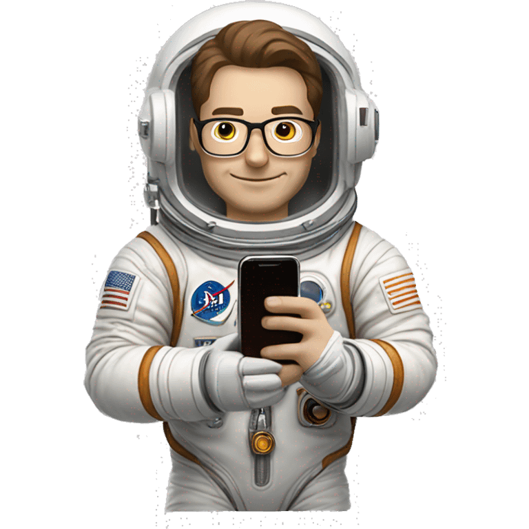 Man in glasses and an astronaut suit holding a phone. His suit has a Bitcoin symbol on the chest. He has short brown hair and a friendly expression emoji