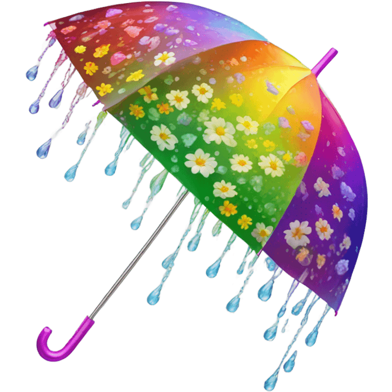 Rainbow umbrella made of flowers with dew drops dripping off and a large handle  emoji