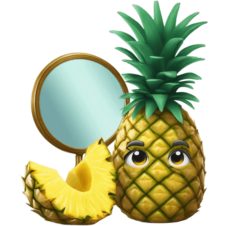 3D elegant pineapple🍍  with big shiny eyes 👀 pineapple holds mirror with its reflection 🪞🍍 emoji