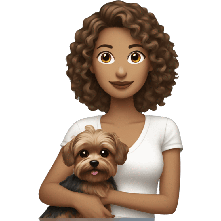 white women with curly medium length brunette hair, holding a cute yorkie dog emoji