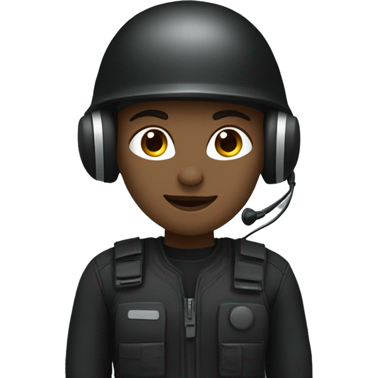 operator dressed in black with a milatary helmet, without glasses, wearing a headset, ready to respond to alerts, preferably female emoji